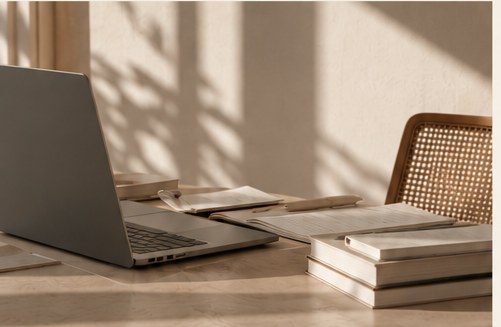 Minimalistisk arbejdsplads med laptop, papirer og notesbøger